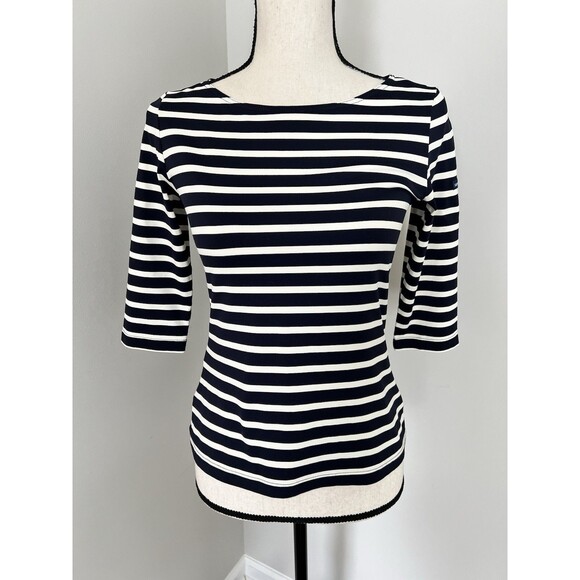 Saint James Navy & White Nautical Striped 3/4 Sleeve Top Size 6 EUC - Picture 2 of 9